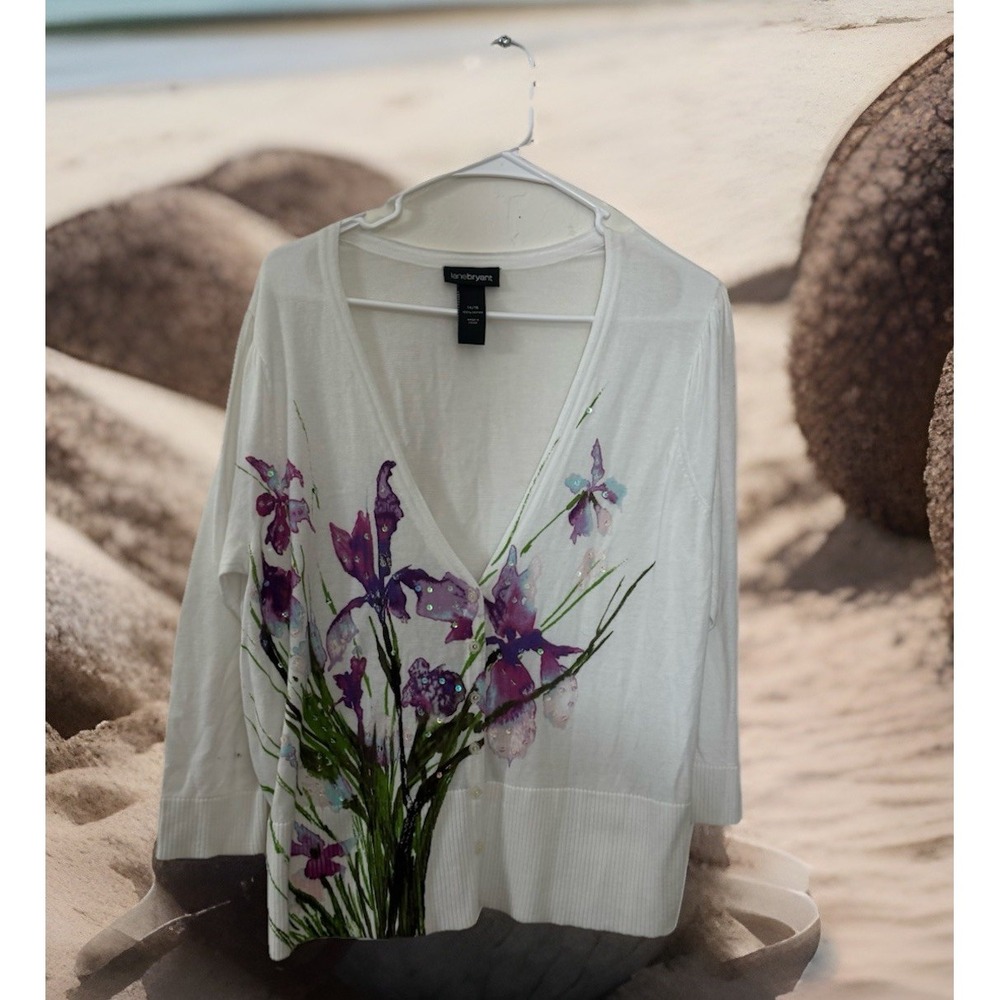 Lane‎ Bryant Women's Knit Cardigan Sweater 14/16 Flower Print Purple Lightweight